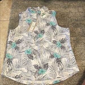 New- Tommy Bahama Gray and White Sleeveless Top with Mandarin Collar size Large